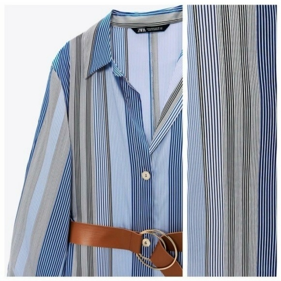 Zara Blue Stripe Satin Effect Midi Shirt Dress w Button Side Slits - Picture 9 of 13